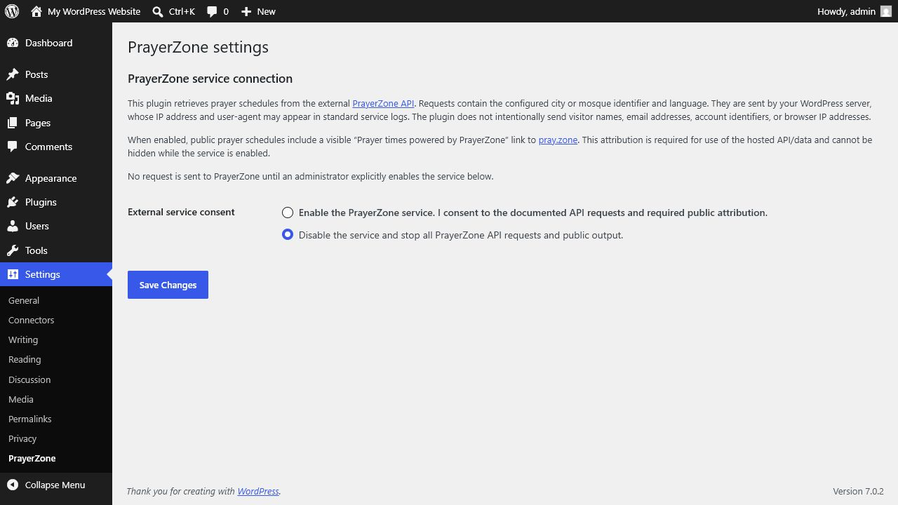 PrayerZone WordPress plugin settings screen