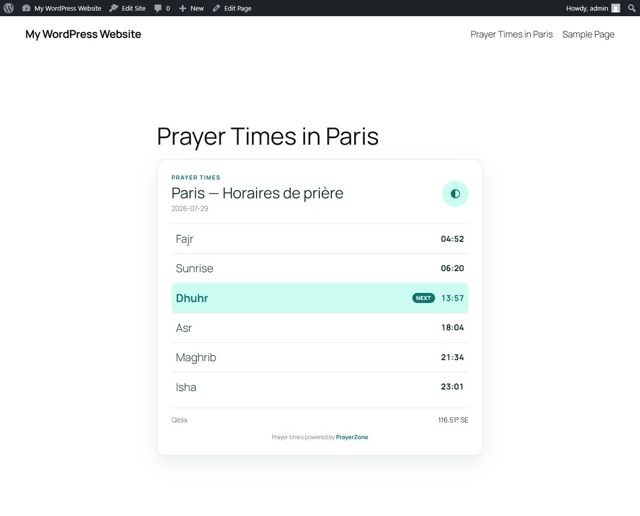 Prayer times displayed by the PrayerZone WordPress plugin